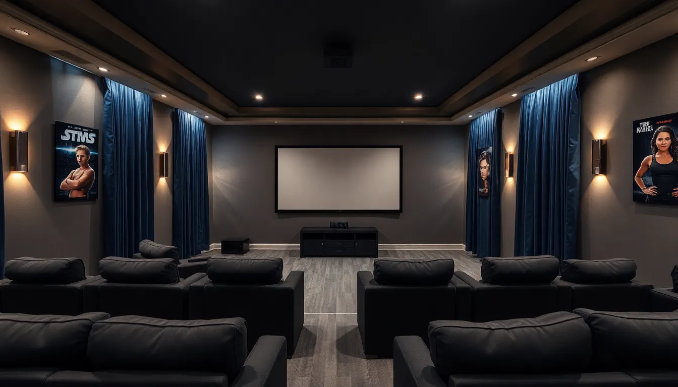 luxurious home theater room with blackout curtains and plush seating.