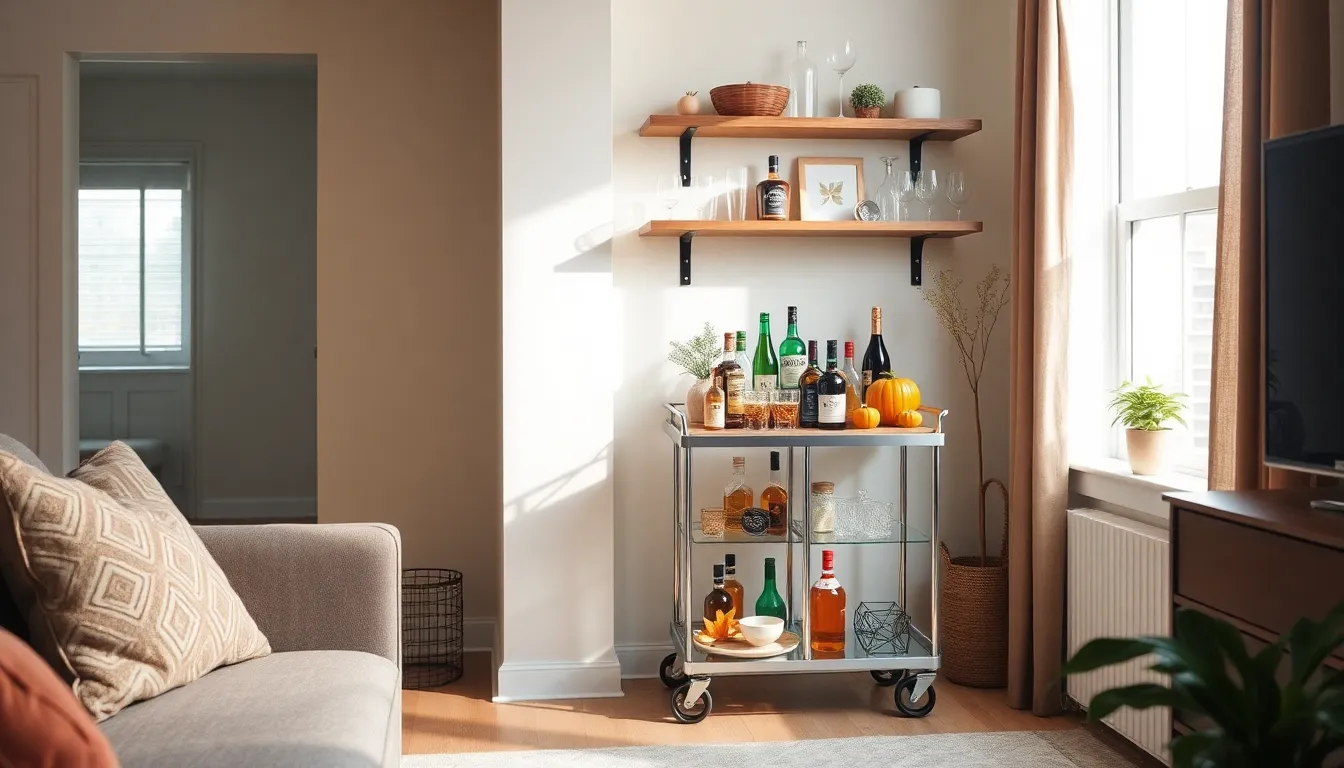 cozy living room with a stylish budget home bar cart.