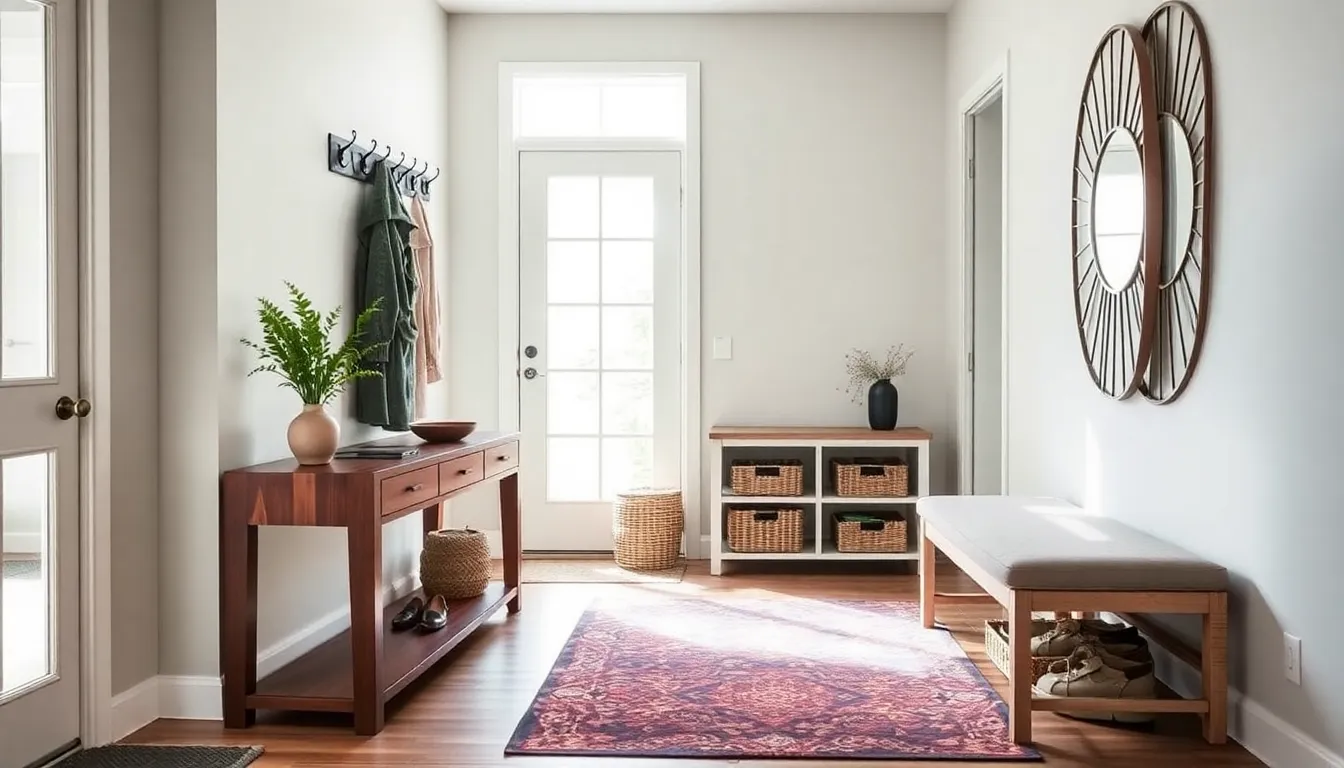 stylish and functional home entryway with seating and storage solutions.