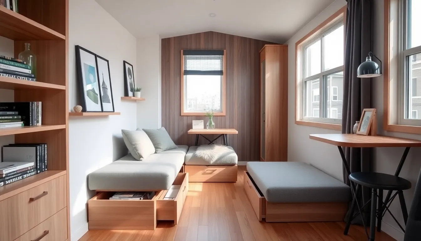 stylish tiny home with multifunctional storage solutions.