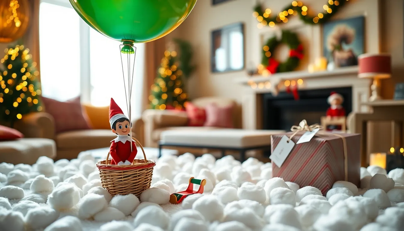 festive living room with creative Elf on the Shelf decorations.