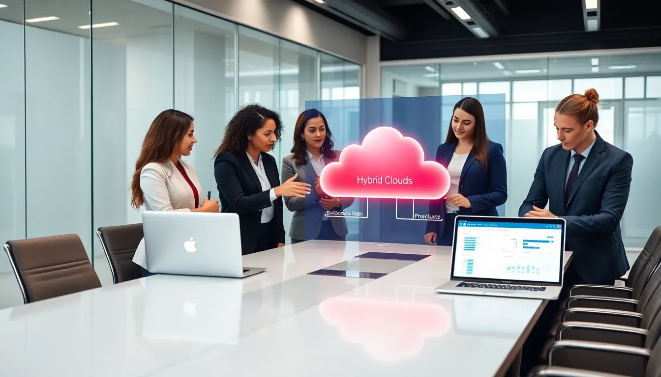 diverse team collaborating on hybrid cloud storage solutions in a modern office.