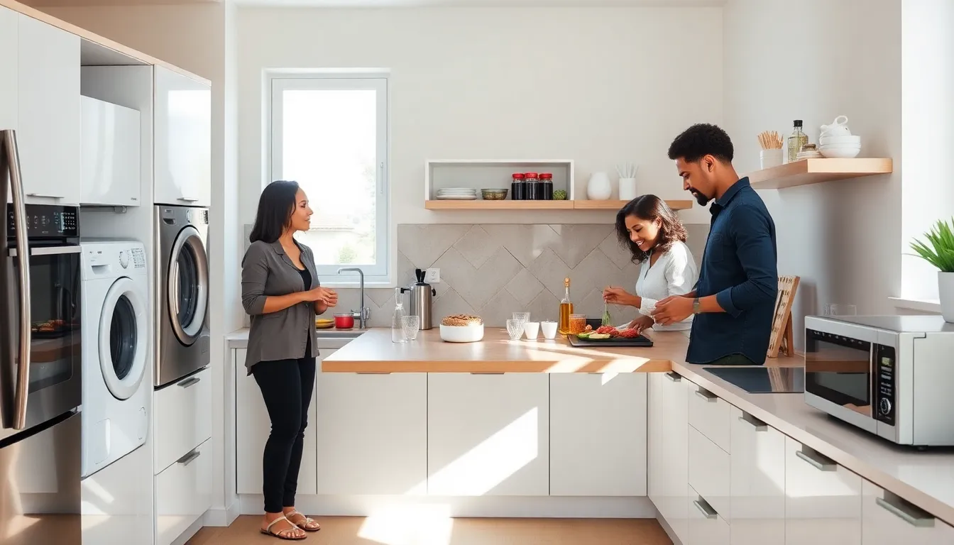 modern kitchen with space-saving appliances and people cooking.